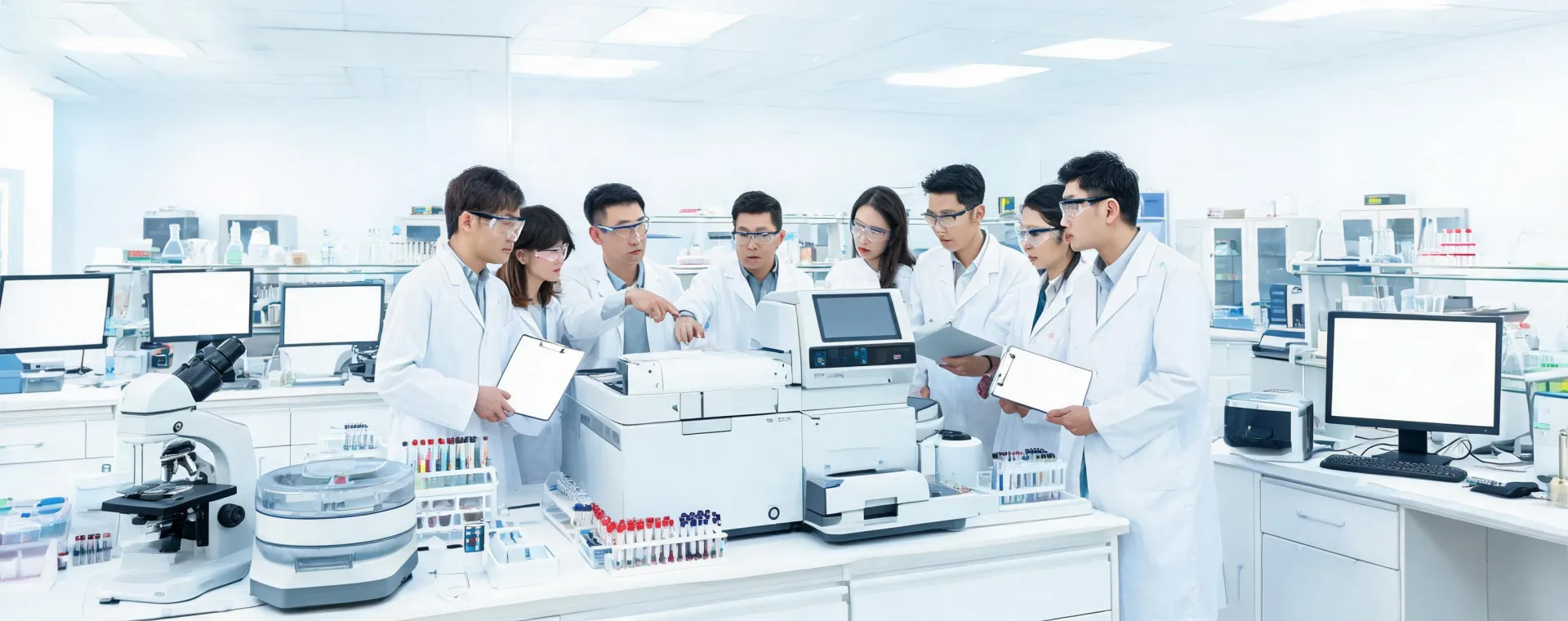 Laboratory scientists and engineers reviewing diagnostic instrumentation