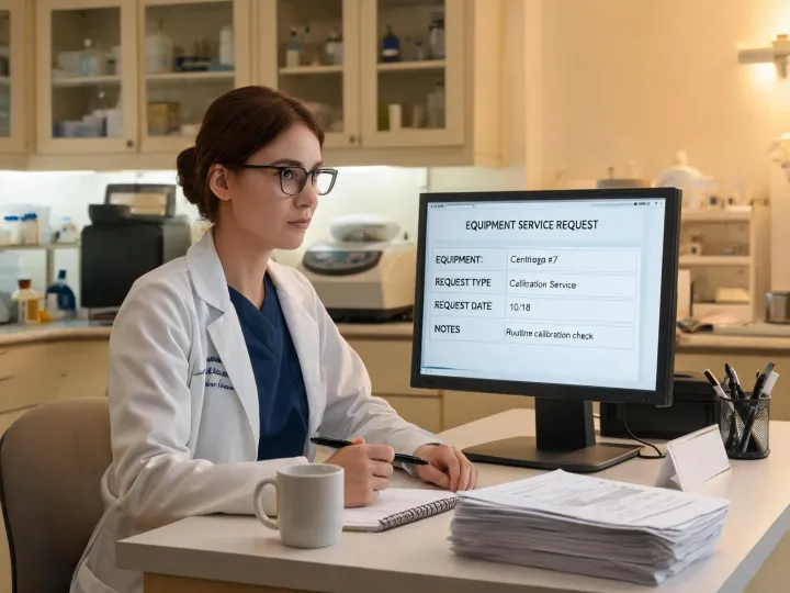 Laboratory support coordinator reviewing a structured service request