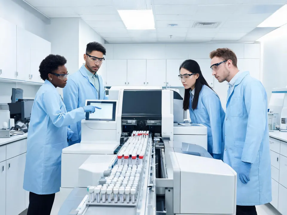 Clinical laboratory team reviewing an automated analyzer workflow