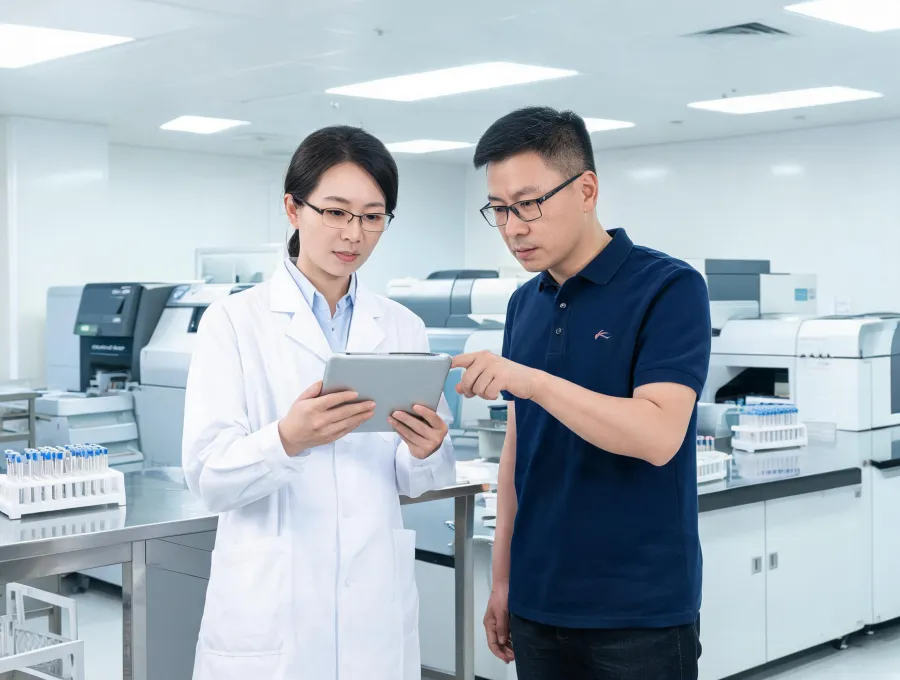 Field service engineer consulting with a clinical laboratory manager
